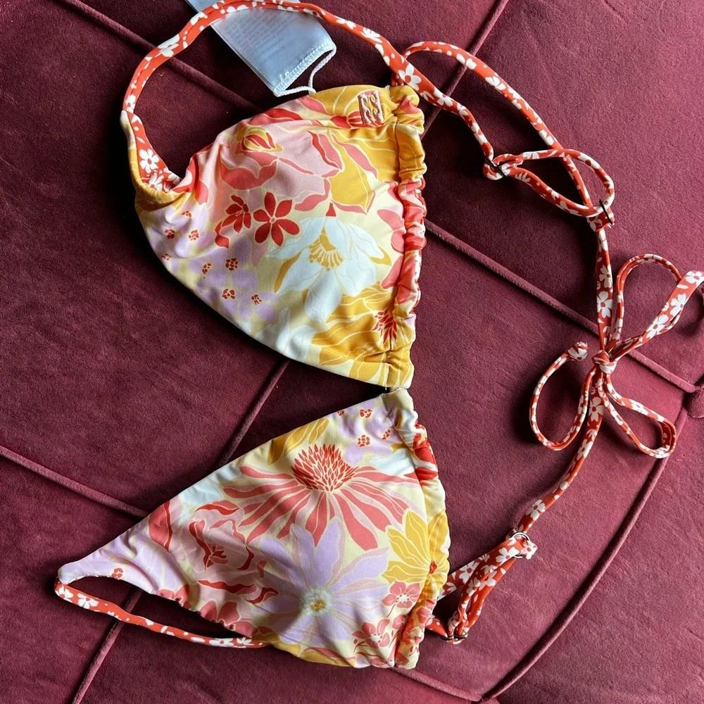 Billabong Reversible Floral Triangle Bikini Top Orange Daisy Retro Print Size S - Picture 6 of 6